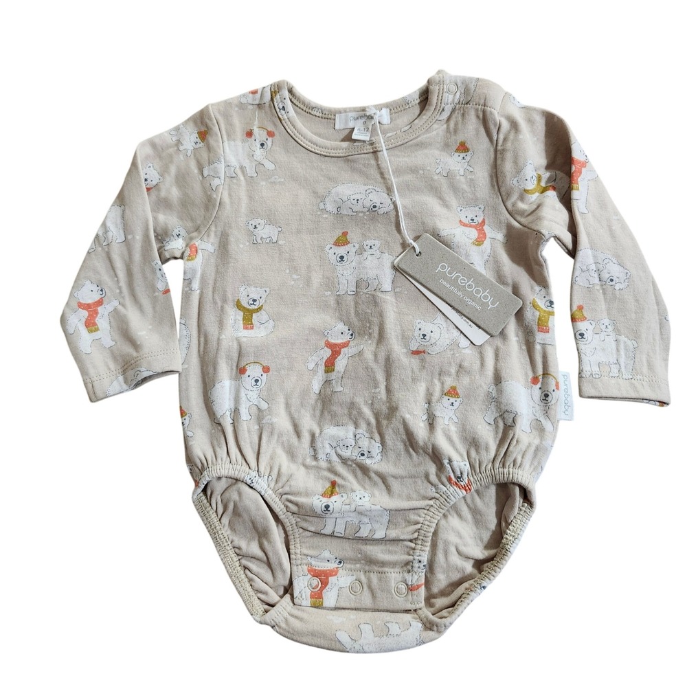 NEW Purebaby 6-12M Organic Cotton Polar Bear Long Sleeve Bodysuit Beige Unisex